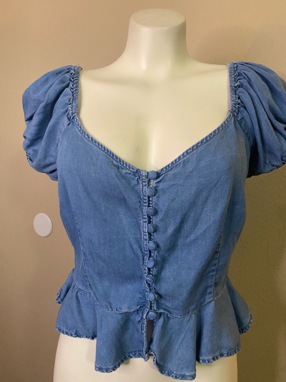 Blashe tencel Denim Peplum Button-Front peasant boho Top L 💙